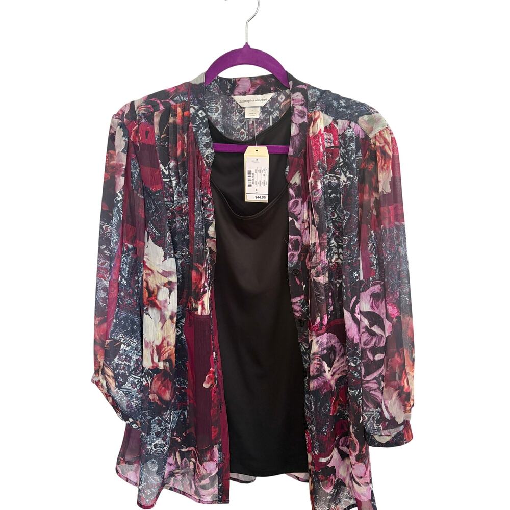 Christopher & Banks Floral Sheer Button Blouse Tank Set Womens L NWT Sheer Flowy